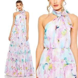 Mac Duggal Multicolor Floral Print Asymmetrical Halter Neck Tiered Gown - Size 8